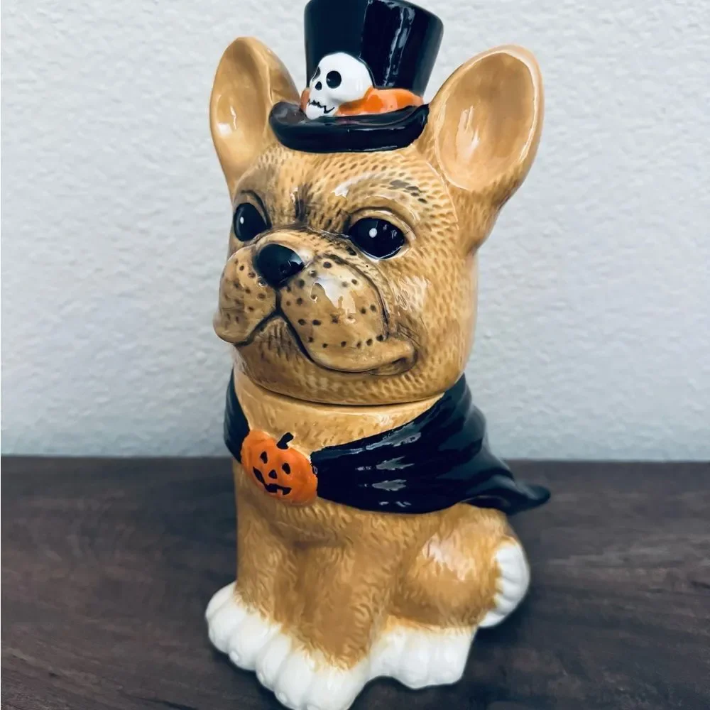 Ceramic Halloween Frenchie Dog Cookie Jar Treat Jar Kitchen Canister